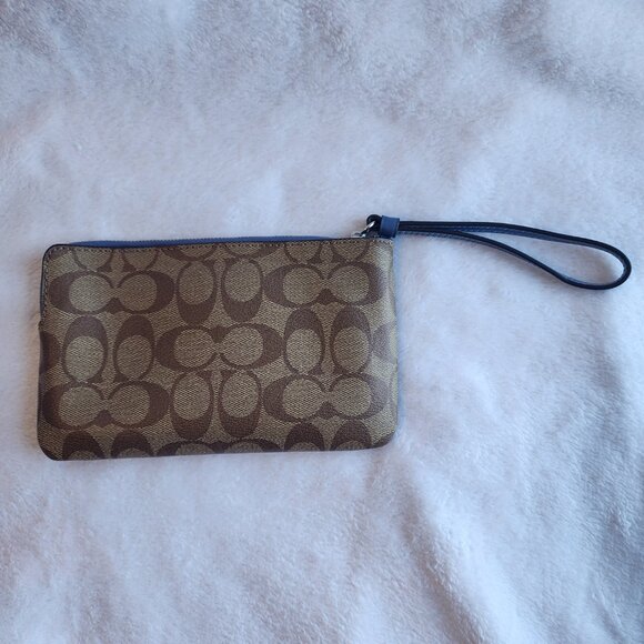 NWT COACH Large Corner Zip Wristlet In Signature Canvas Khaki/Stone Blue 6648‎ - Picture 5 of 7